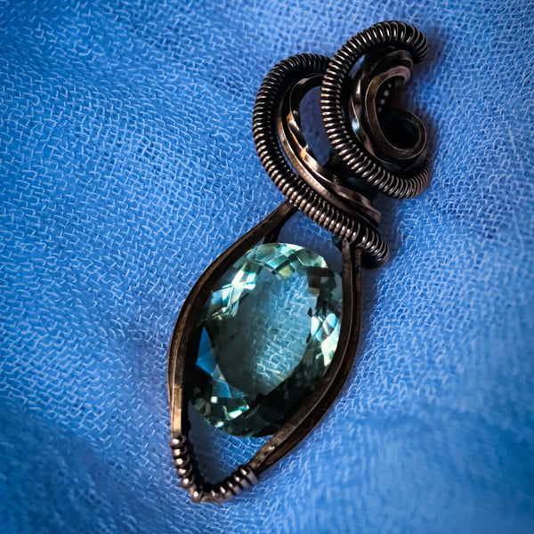 Faceted Prasiolite (Green Amethyst) Gemstone Wire Wrapped In Coiled, Woven Antiqued and Polished Copper Wire - Handcrafted Pendant
