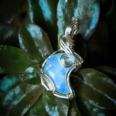 Crescent Moon Blue Flash Moonstone Wire Wrapped In Silver Plated Copper Wire - Handcrafted Pendant