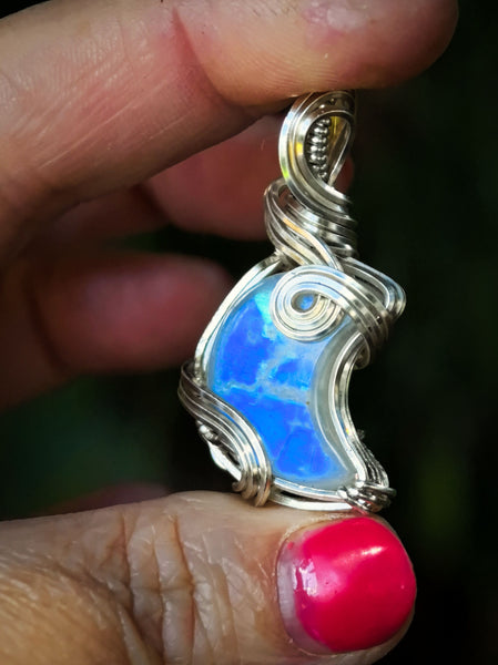 Crescent Moon Blue Flash Moonstone Wire Wrapped In Silver Plated Copper Wire - Handcrafted Pendant