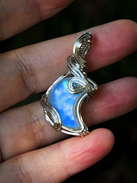 Crescent Moon Blue Flash Moonstone Wire Wrapped In Silver Plated Copper Wire - Handcrafted Pendant