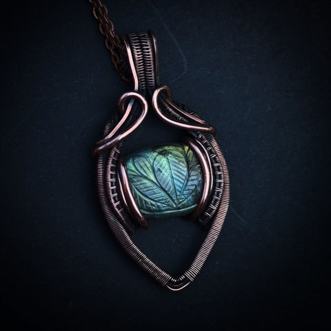 Mughal Carved Labradorite Wire Wrapped In Coiled, Antiqued and Polished Copper Wire - Handcrafted Pendant