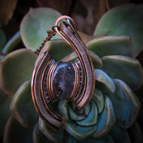 Sunstone in Iolite Gemstone Wrapped In Coiled, Antiqued and Polished Copper Wire - Handcrafted Pendant