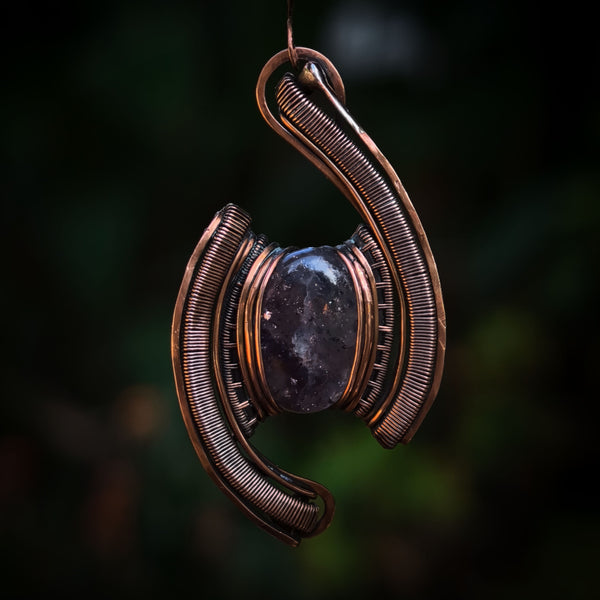 Sunstone in Iolite Gemstone Wrapped In Coiled, Antiqued and Polished Copper Wire - Handcrafted Pendant