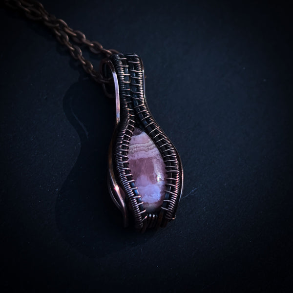 Pink Rhodochrosite Gemstone Wire Wrapped In Woven, Antiqued and Polished Copper Wire - Handcrafted Pendant
