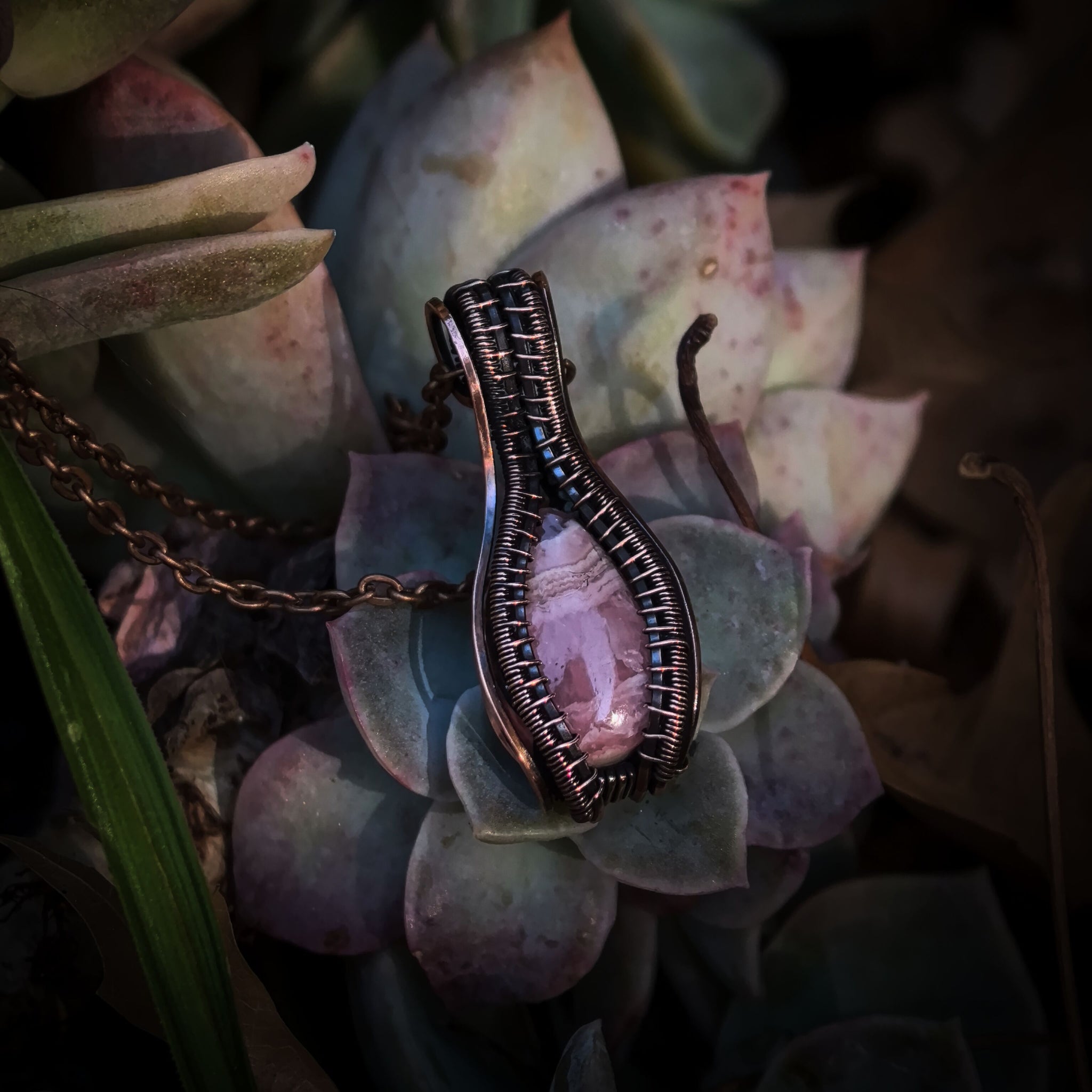 Pink Rhodochrosite Gemstone Wire Wrapped In Woven, Antiqued and Polished Copper Wire - Handcrafted Pendant