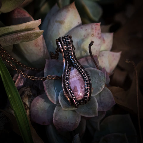 Pink Rhodochrosite Gemstone Wire Wrapped In Woven, Antiqued and Polished Copper Wire - Handcrafted Pendant