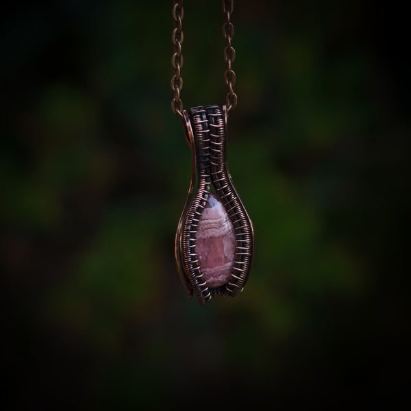 Pink Rhodochrosite Gemstone Wire Wrapped In Woven, Antiqued and Polished Copper Wire - Handcrafted Pendant