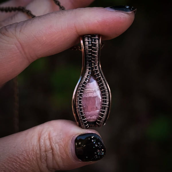 Pink Rhodochrosite Gemstone Wire Wrapped In Woven, Antiqued and Polished Copper Wire - Handcrafted Pendant