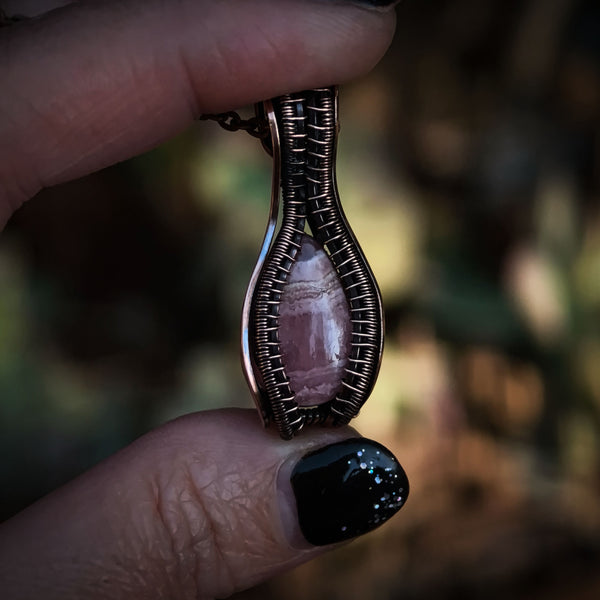 Pink Rhodochrosite Gemstone Wire Wrapped In Woven, Antiqued and Polished Copper Wire - Handcrafted Pendant