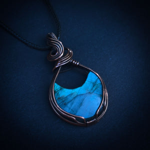 Bright Teal Flash Labradorite Crescent Moon Wire Wrapped In Coiled, Antiqued and Polished Copper Wire - Handcrafted Pendant