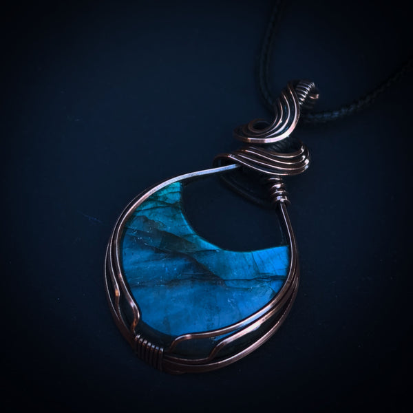 Bright Teal Flash Labradorite Crescent Moon Wire Wrapped In Coiled, Antiqued and Polished Copper Wire - Handcrafted Pendant