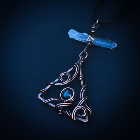 Clear Quartz Singing Point and Grey Moonstone Wire Wrapped In Coiled, Antiqued and Polished Copper Wire - Handcrafted Pendant