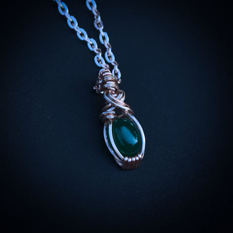 Green Onyx Gemstone In Rose Gold Coloured Copper Wire - Handcrafted Pendant