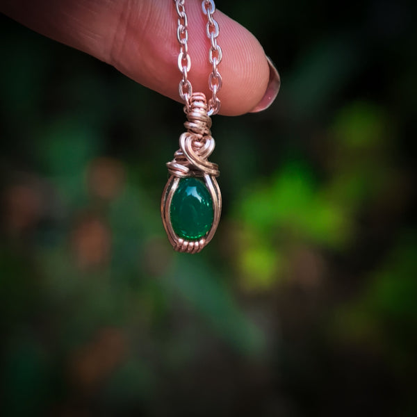 Green Onyx Gemstone In Rose Gold Coloured Copper Wire - Handcrafted Pendant