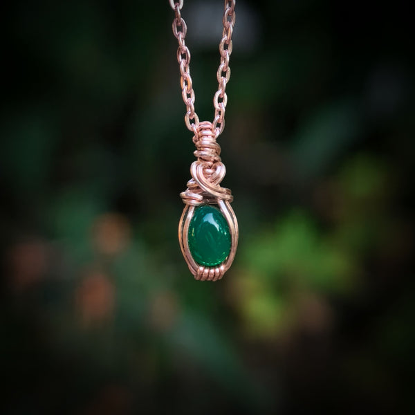 Green Onyx Gemstone In Rose Gold Coloured Copper Wire - Handcrafted Pendant