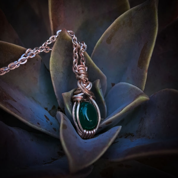 Green Onyx Gemstone In Rose Gold Coloured Copper Wire - Handcrafted Pendant