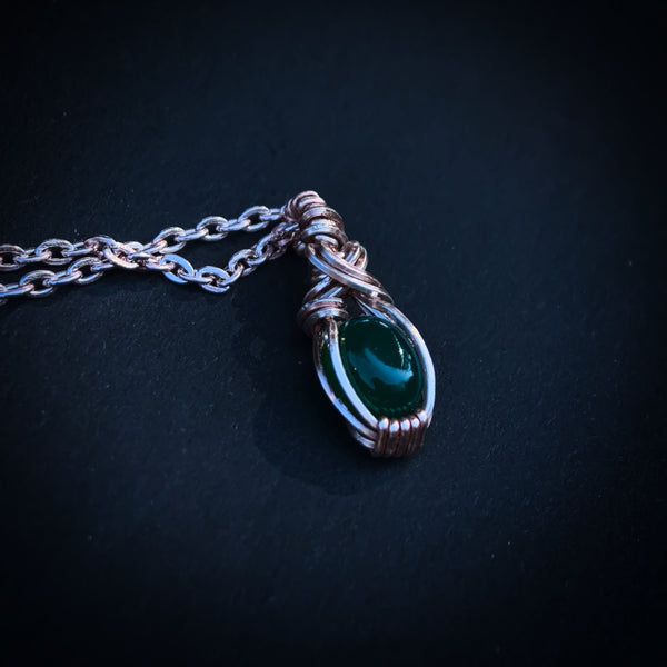 Green Onyx Gemstone In Rose Gold Coloured Copper Wire - Handcrafted Pendant