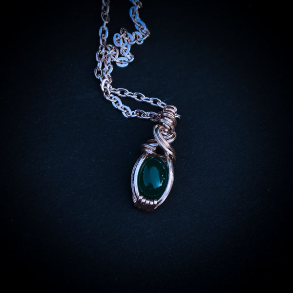 Green Onyx Gemstone In Rose Gold Coloured Copper Wire - Handcrafted Pendant