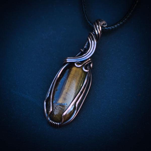 Tiger's Eye Gemstone Wire Wrapped In Coiled, Antiqued and Polished Copper Wire - Handcrafted Pendant