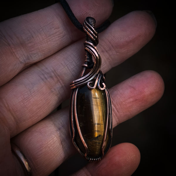 Tiger's Eye Gemstone Wire Wrapped In Coiled, Antiqued and Polished Copper Wire - Handcrafted Pendant