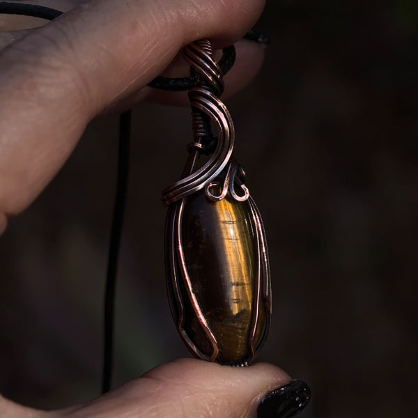 Tiger's Eye Gemstone Wire Wrapped In Coiled, Antiqued and Polished Copper Wire - Handcrafted Pendant