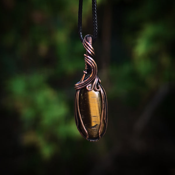 Tiger's Eye Gemstone Wire Wrapped In Coiled, Antiqued and Polished Copper Wire - Handcrafted Pendant