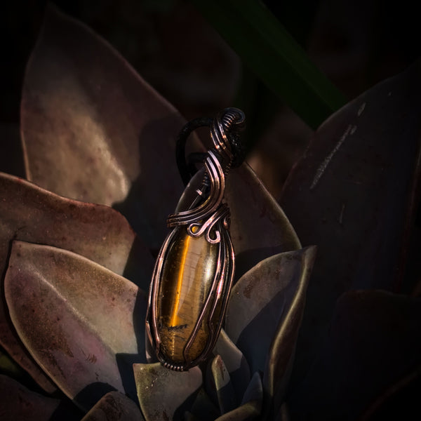 Tiger's Eye Gemstone Wire Wrapped In Coiled, Antiqued and Polished Copper Wire - Handcrafted Pendant