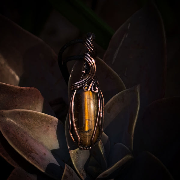 Tiger's Eye Gemstone Wire Wrapped In Coiled, Antiqued and Polished Copper Wire - Handcrafted Pendant