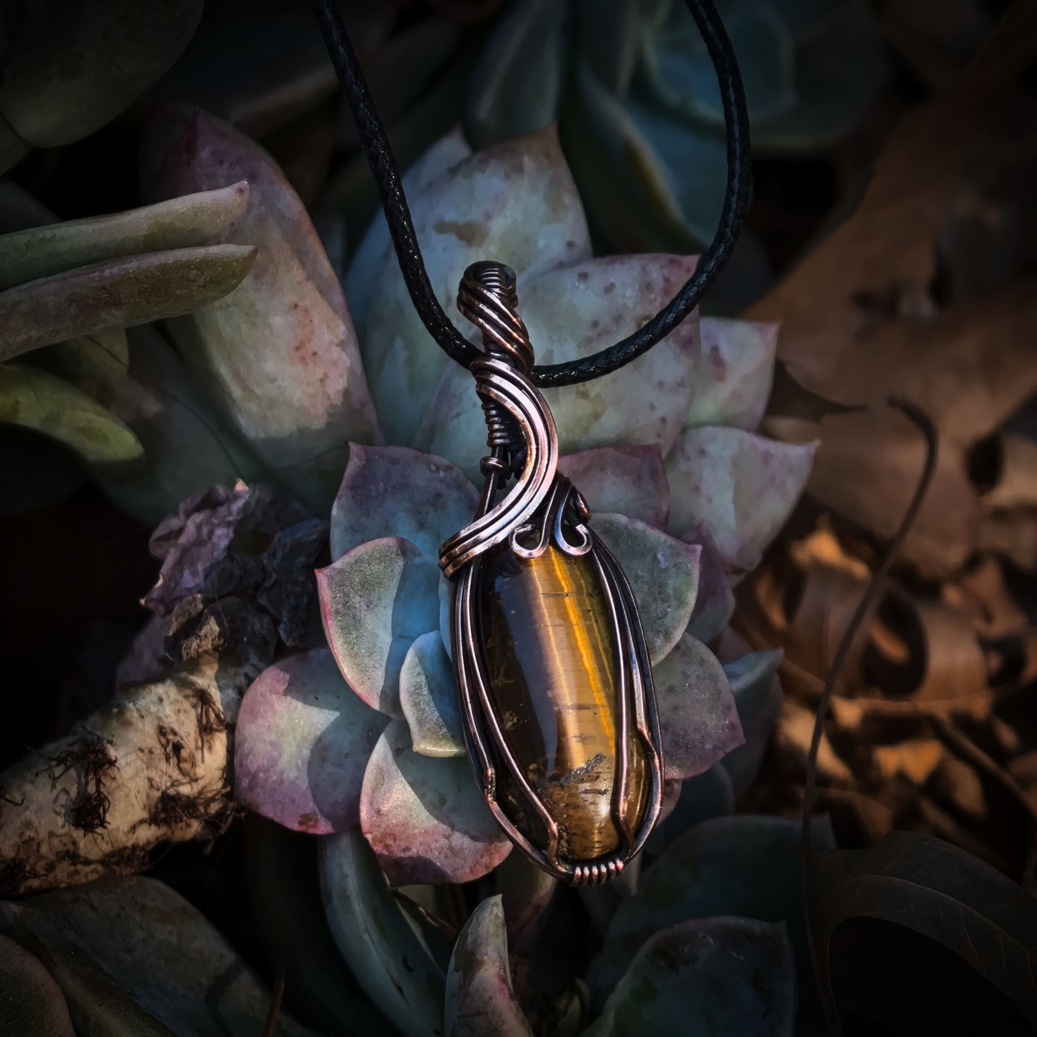 Tiger's Eye Gemstone Wire Wrapped In Coiled, Antiqued and Polished Copper Wire - Handcrafted Pendant