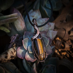 Tiger's Eye Gemstone Wire Wrapped In Coiled, Antiqued and Polished Copper Wire - Handcrafted Pendant
