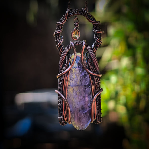 Citrine and Amethyst Talisman Wrapped In Coiled, Antiqued and Polished Copper Wire - Handcrafted Pendant