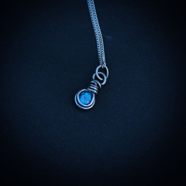 London Blue Topaz Wire Wrapped In Coiled, Antiqued and Polished Sterling Silver Wire - Handcrafted Pendant