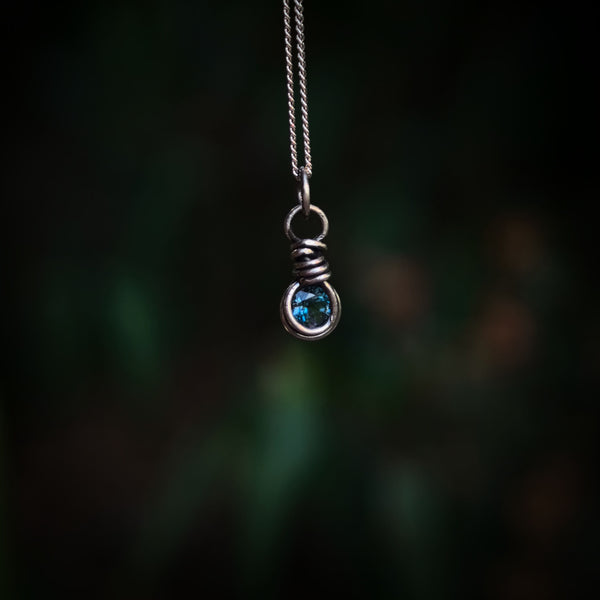 London Blue Topaz Wire Wrapped In Coiled, Antiqued and Polished Sterling Silver Wire - Handcrafted Pendant