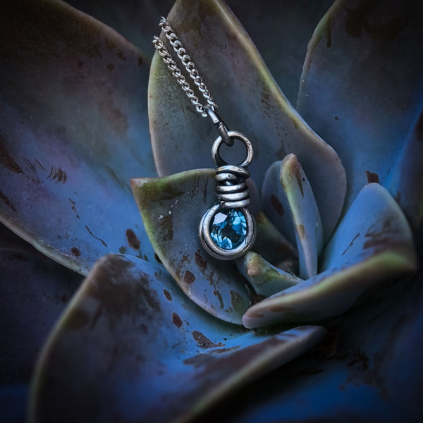 London Blue Topaz Wire Wrapped In Coiled, Antiqued and Polished Sterling Silver Wire - Handcrafted Pendant