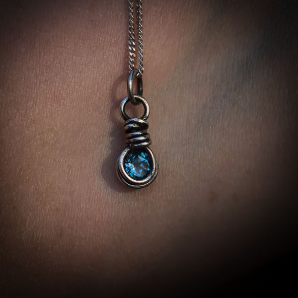 London Blue Topaz Wire Wrapped In Coiled, Antiqued and Polished Sterling Silver Wire - Handcrafted Pendant