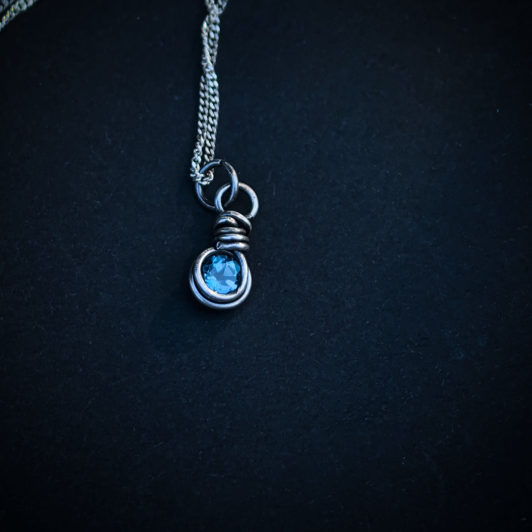 London Blue Topaz Wire Wrapped In Coiled, Antiqued and Polished Sterling Silver Wire - Handcrafted Pendant
