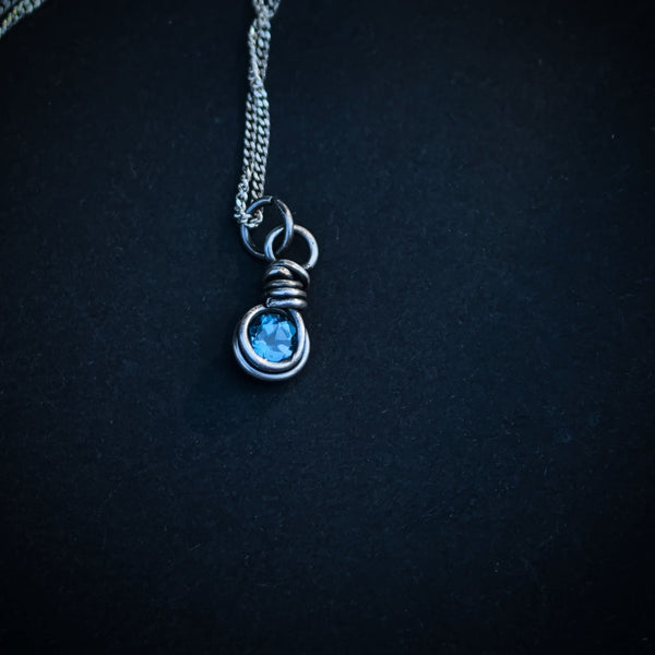 London Blue Topaz Wire Wrapped In Coiled, Antiqued and Polished Sterling Silver Wire - Handcrafted Pendant