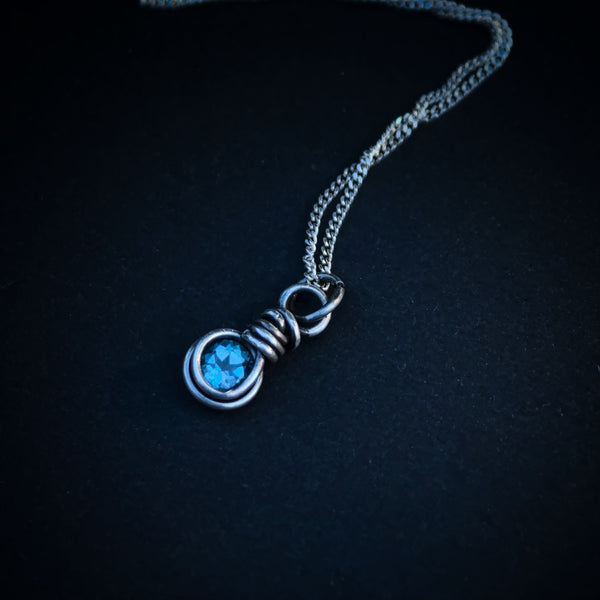 London Blue Topaz Wire Wrapped In Coiled, Antiqued and Polished Sterling Silver Wire - Handcrafted Pendant