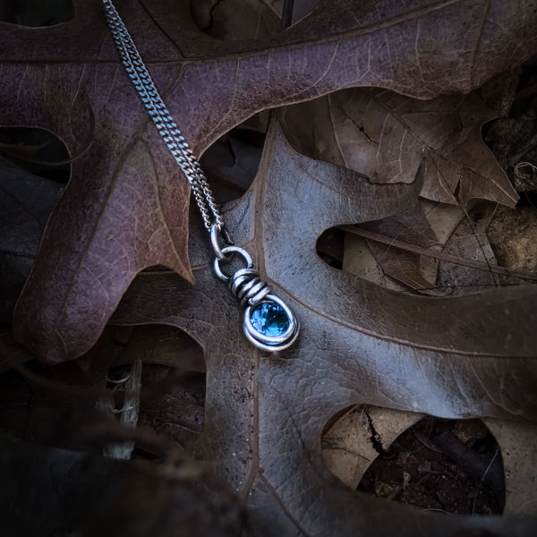 London Blue Topaz Wire Wrapped In Coiled, Antiqued and Polished Sterling Silver Wire - Handcrafted Pendant