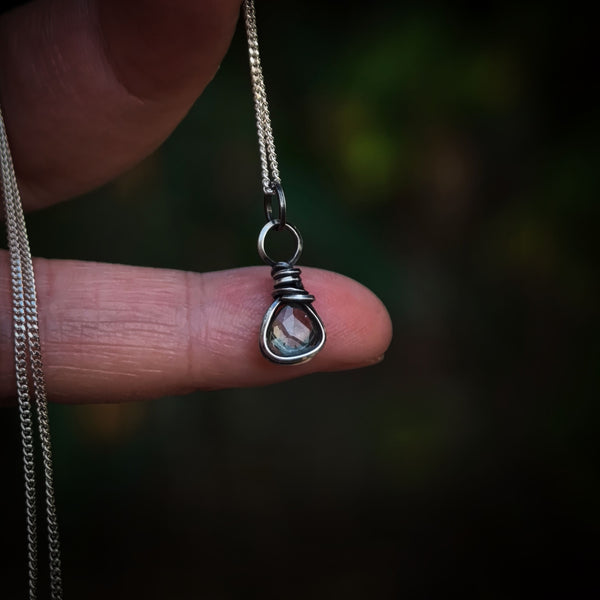 Mint Green Rosecut Tourmaline Wire Wrapped In Coiled, Antiqued and Polished Sterling Silver Wire - Handcrafted Pendant