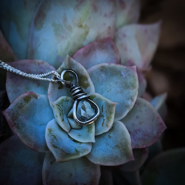 Mint Green Rosecut Tourmaline Wire Wrapped In Coiled, Antiqued and Polished Sterling Silver Wire - Handcrafted Pendant
