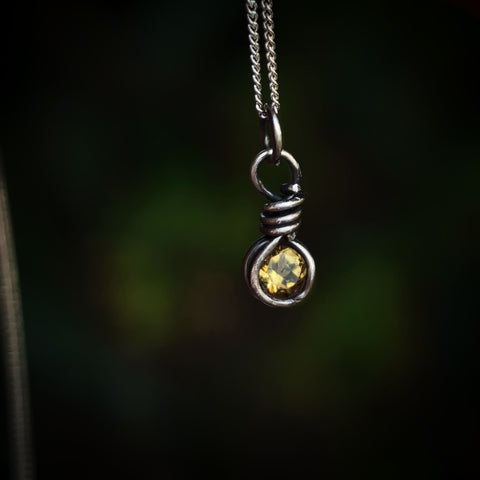 Honey Citrine Wire Wrapped In Coiled, Antiqued and Polished Sterling Silver Wire - Handcrafted Pendant
