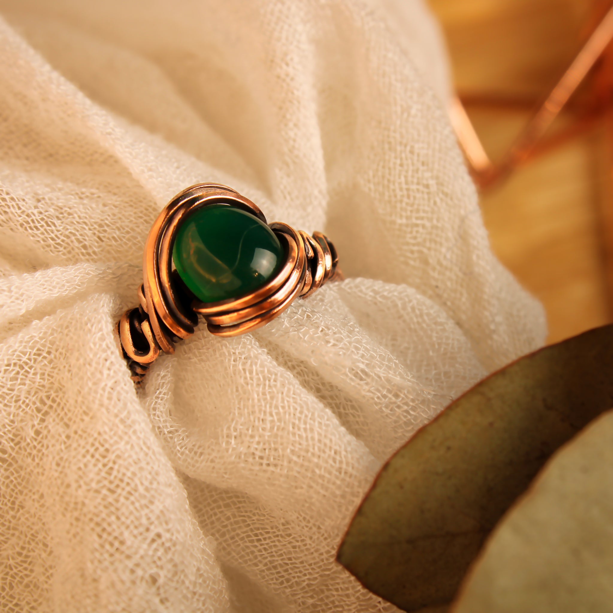 Nova Fire Jewellery Ring - Green Onyx Gemstone in Woven Polished, Copper Wire - Handcrafted, Wire Wrapped Copper Ring - Size 14.5/O